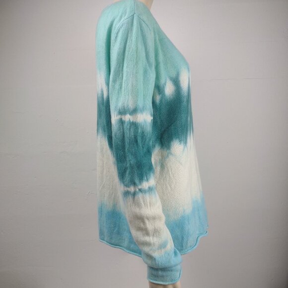 Notshy blue green white tie dye 100% Cashmere V-Neck pullover sweater Large - Picture 3 of 7